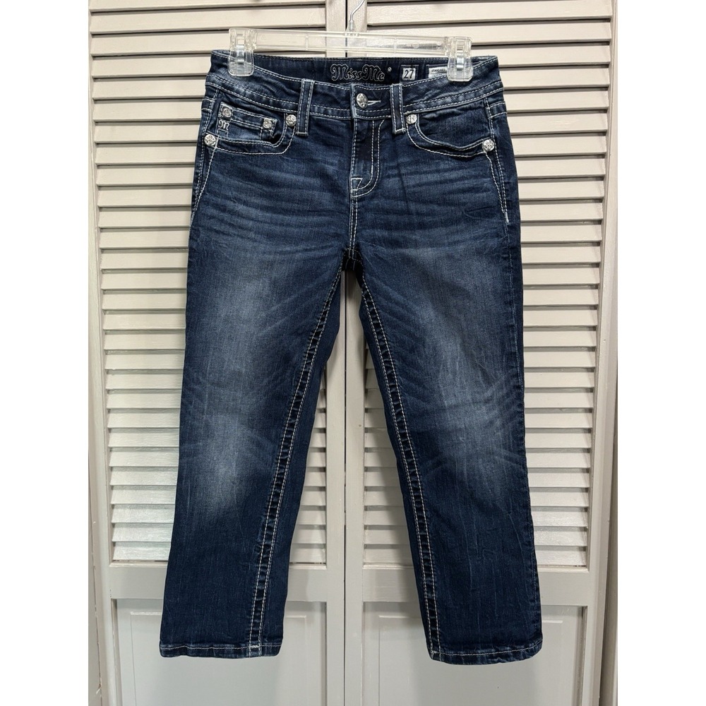 Miss Me‎ Crop Denim Jeans Sequins/Embroidered/Gems Logo Size 27 Western/Boho